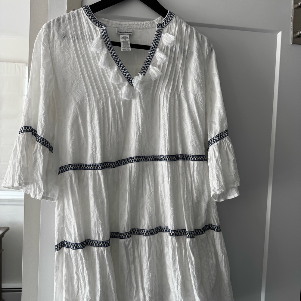 Tommy Bahama White Cotton Tassel V-Neck dress with Blue Trim